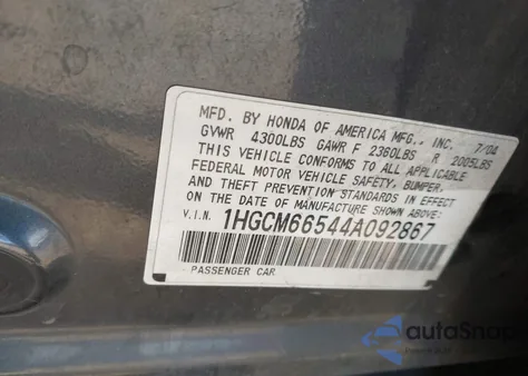 2004 Honda Accord 3.0 Ex from USA, damaged, VIN 1HGCM66544A092867
